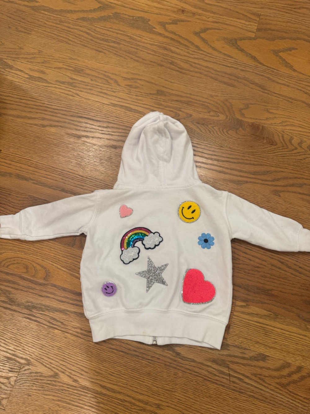 Rabbit Skins White Kids Hoodie with Rainbow, Heart, Smiley & Sparkle Patches